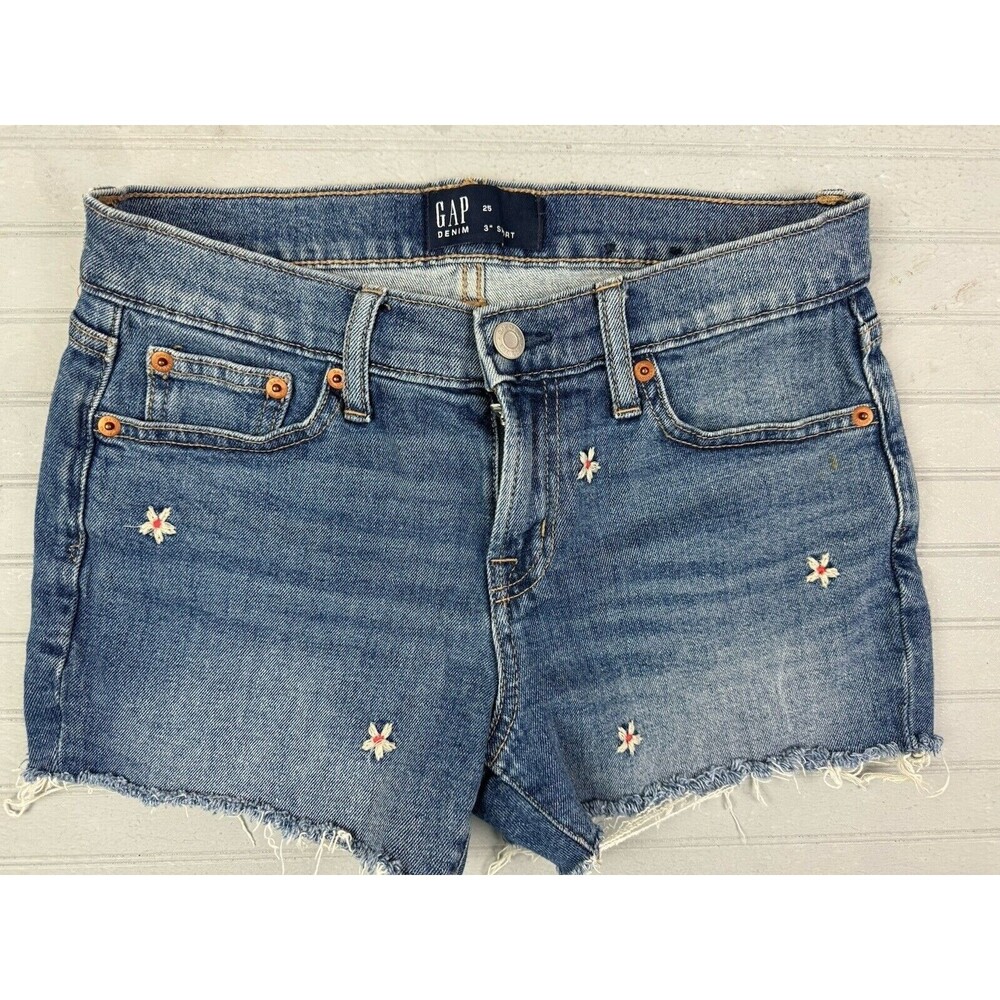 Gap Size 25 Womens Shorts 3" Low Rise Stretch Cut Off Embroidery Med Wash